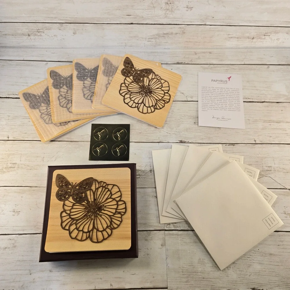 Papyrus Wood Veneer Greeting Cards Laser Cut Butterfly Floral Set of 5